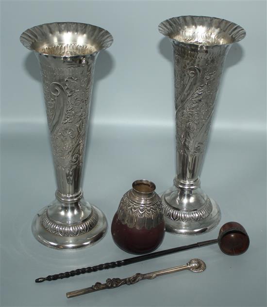 Pair plated vases, matte pot and straw and coquilla nut and balleen ladle